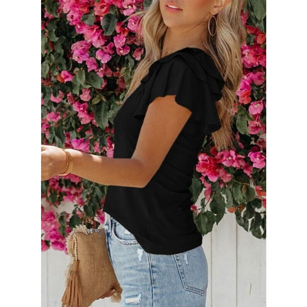 SHEWIN Womens Summer Tops V Neck Ruffle Short Sleeve T Shirts in Black Size XL